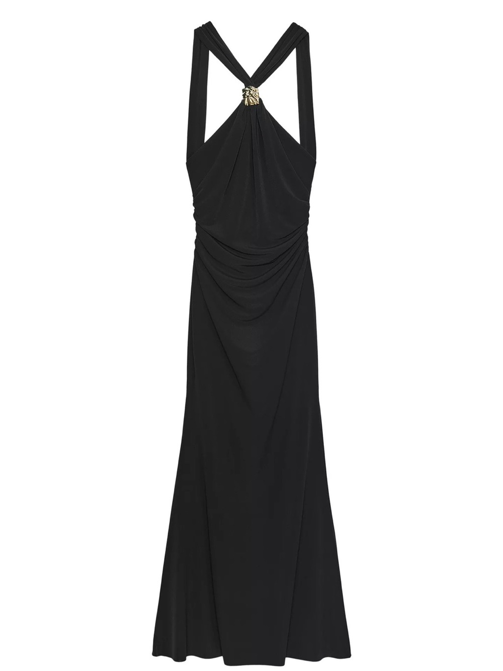Zara Black Backless Draped Evening Dress with Gold Detail